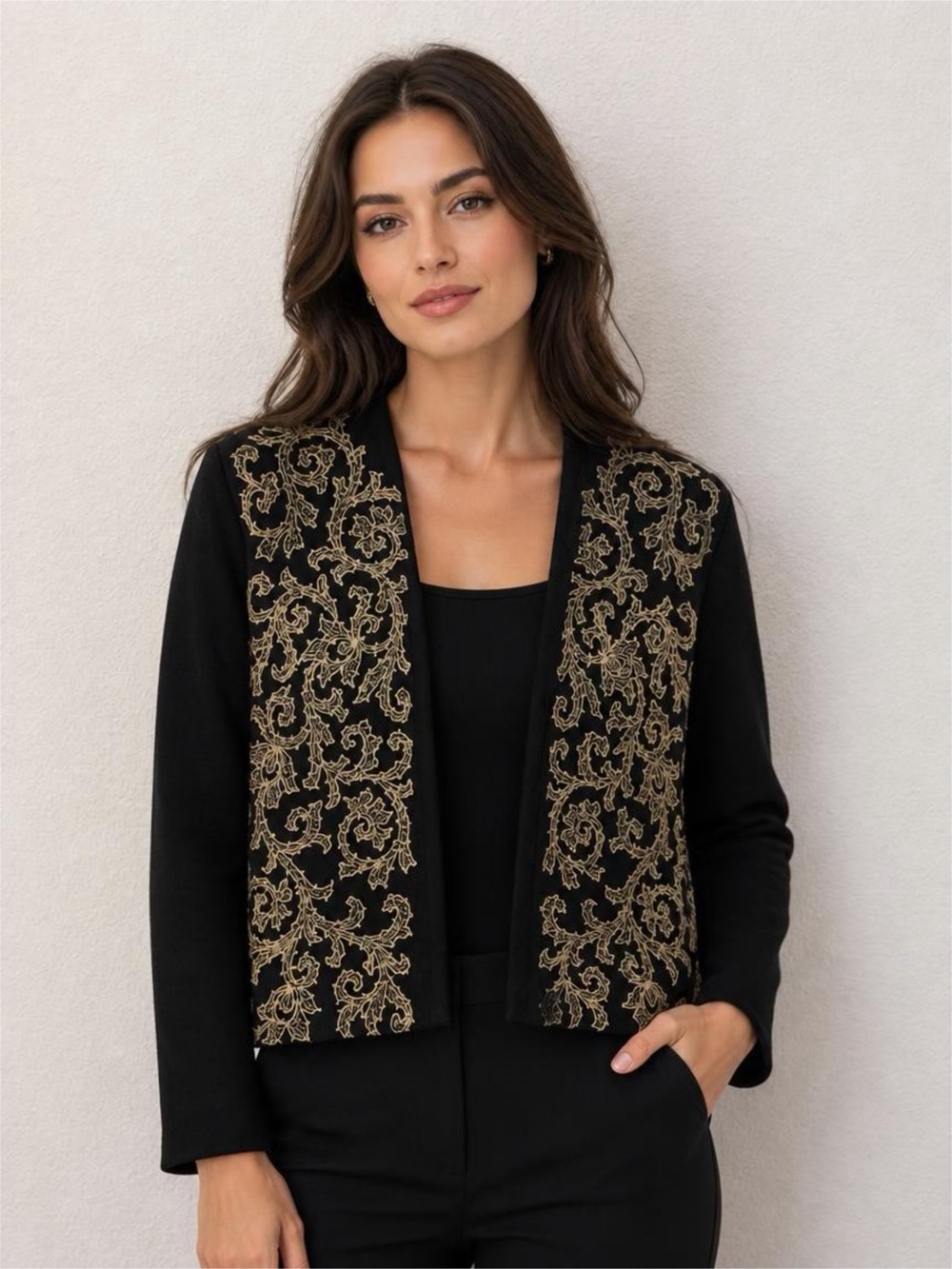 Vintage 1960 to 70’s Kimberly Black Open-Front Cardigan with Gold Embroidery